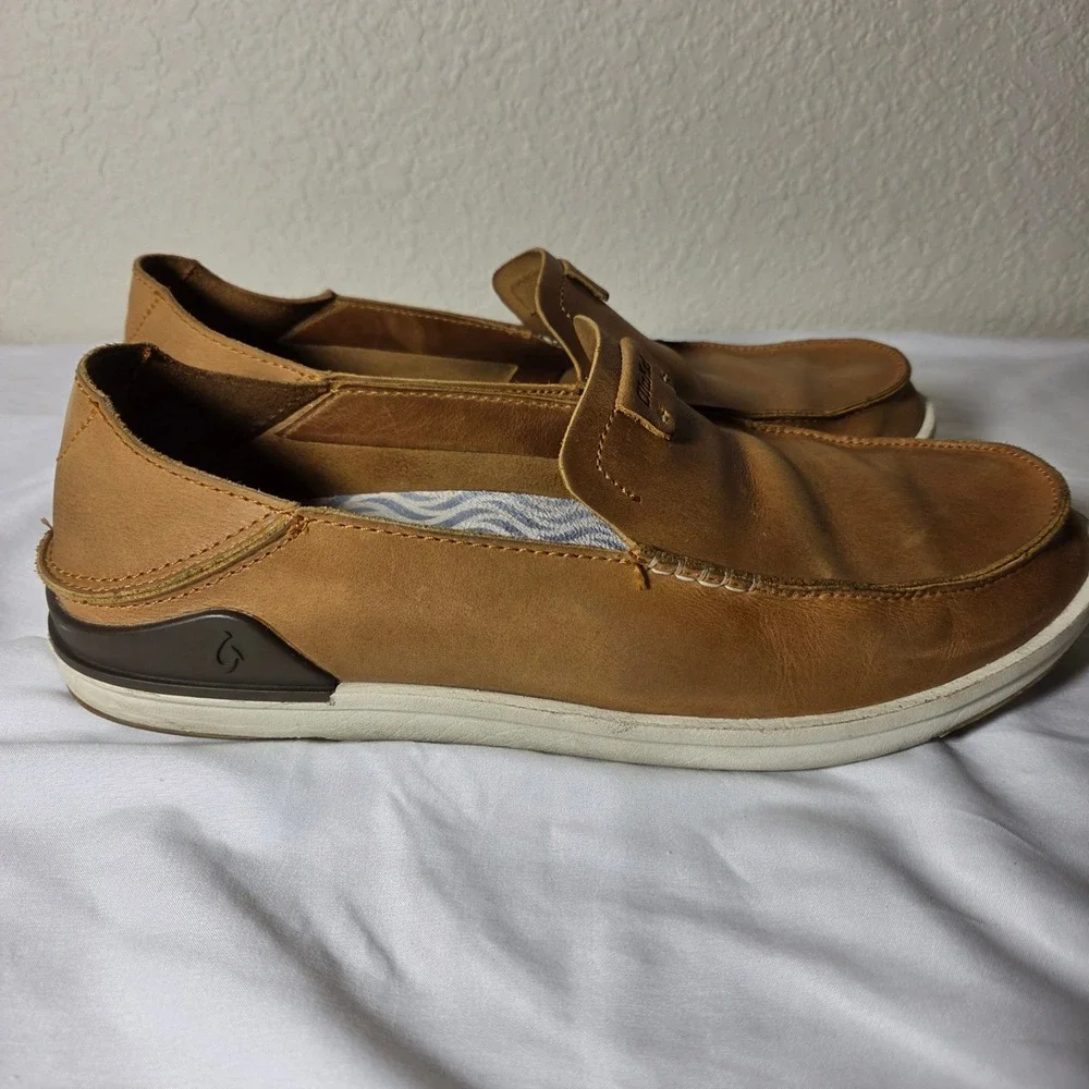 OluKai Kakaha Mens Leather Slip On Shoes Tan Brown Loafers 10490-FXFX Size 12